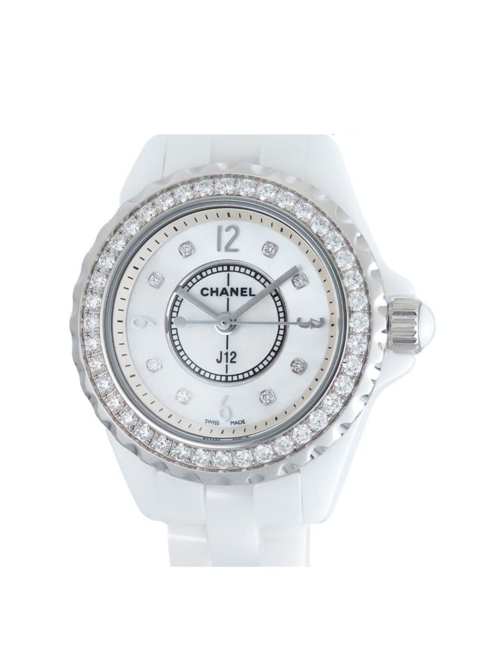 Chanel White Shell Diamond Ceramic SS Bezel Box Watch